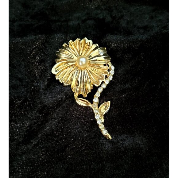 vintage gold tone floral design chrystal lined stem brooch - Picture 4 of 11